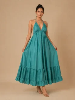 Vestido Maxi Boho Verde de Espalda Abierta