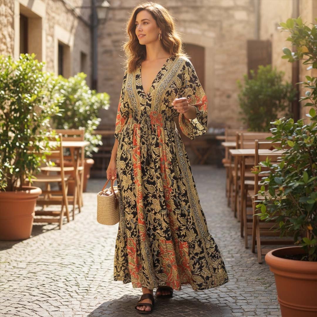 vestido largo de seda corte V