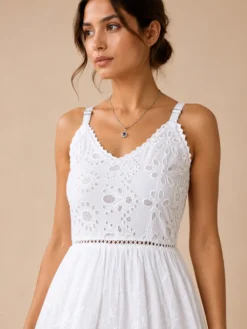 Vestido Blanco Maxi de Algodón Bordado y Calado
