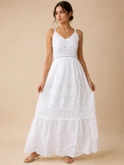 Alternative view of Vestido Blanco Maxi de Algodón Bordado y Calado