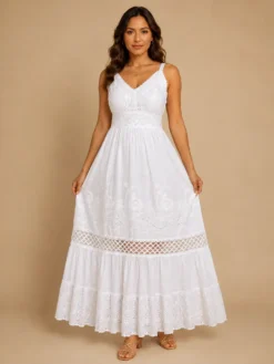Vestido Blanco Largo de Algodón con Encaje Floral