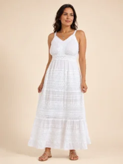 Vestido Blanco Largo Boho de Algodón con Encaje