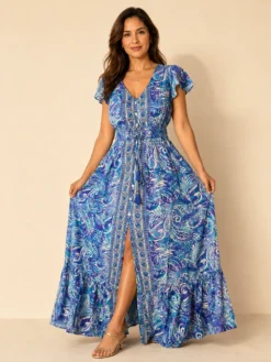 Vestido Largo de Seda Boho Paisley – Celeste