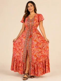 Vestido Largo de Seda Boho Paisley – Naranja