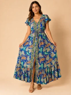 Vestido Largo de Seda Boho Paisley – Azul