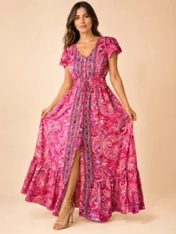Vestido Largo de Seda Boho Paisley – Rosado