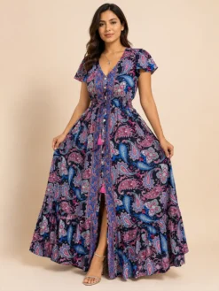 Vestido Largo de Seda Boho Paisley – Morado