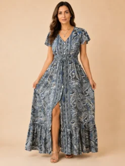 Vestido Largo de Seda Boho Paisley – Gris