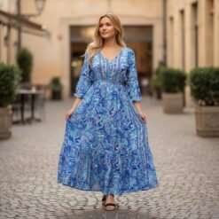 Vestido Seda Azul con Mangas Largas