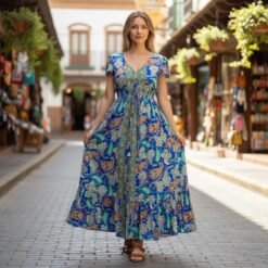 Vestido Seda Azul con Botones