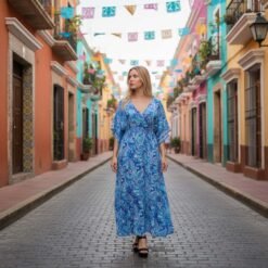 Vestido Seda Azul con Mangas Cortas
