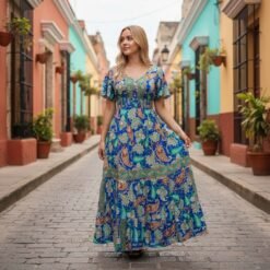 Vestido Seda Floreado Azul