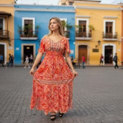 Vestido Seda Floreado Naranja