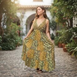Vestido Seda Verde Tiras Anchas