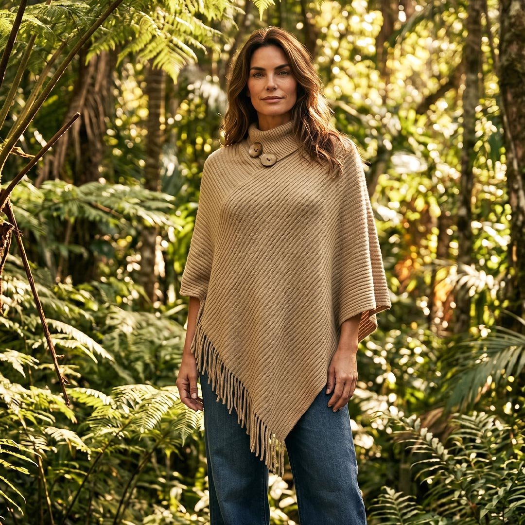 moderno poncho tejido con cuello y botones elegantes beige
