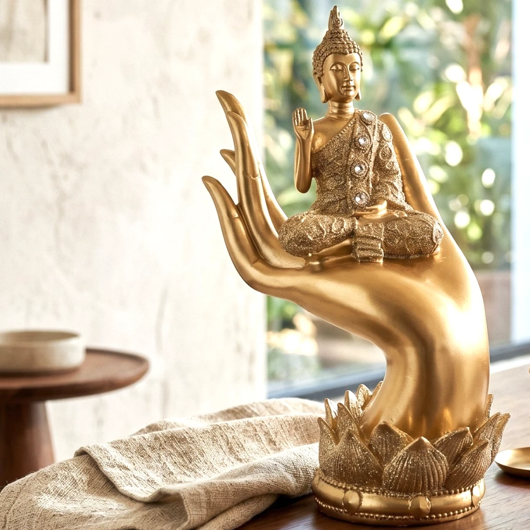 Figura Buda En Mano Dorada Con Base De Loto Decorativa - Dokavari Chile