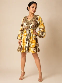 Vestido Corto de Seda Estampado – Valentina – Amarillo
