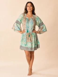 Vestido Corto de Seda Estampado Boho – Amalia – Verde Agua