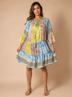 Vestido Corto de Seda Estampado Boho – Amalia – Azul
