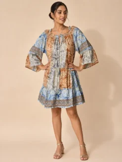 Vestido Corto de Seda Estampado Boho – Amalia – Café