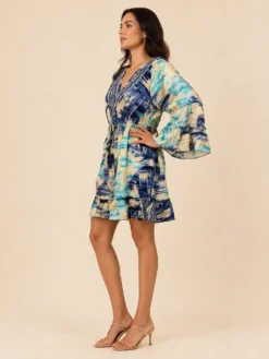 Vestido Corto de Seda Estampado – Valentina – Celeste