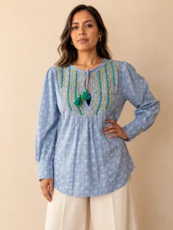 Blusón Boho Bordado 100% Algodón – Azul