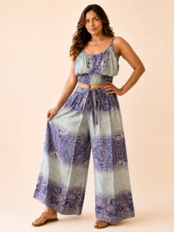 Conjunto Boho Poly Seda Top y Palazzo Estampado – Azul