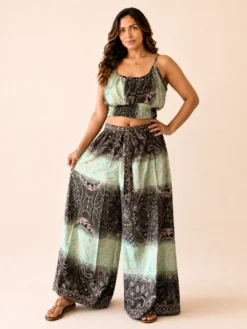 Conjunto Boho Poly Seda Top y Palazzo Estampado – Verde