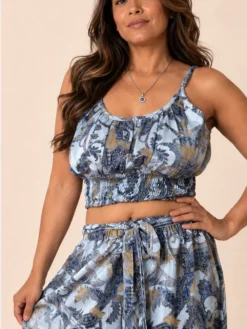 Conjunto Boho Poly Seda Top y Palazzo Paisley – Azul
