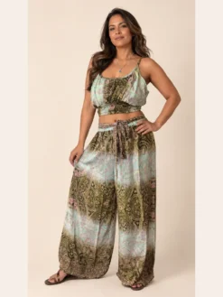 Conjunto Boho Poly Seda Top y Palazzo Estampado – Verde Agua