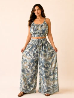 Conjunto Boho Poly Seda Top y Palazzo Paisley – Gris