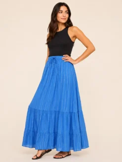 Falda Larga Boho Azul con Líneas Doradas