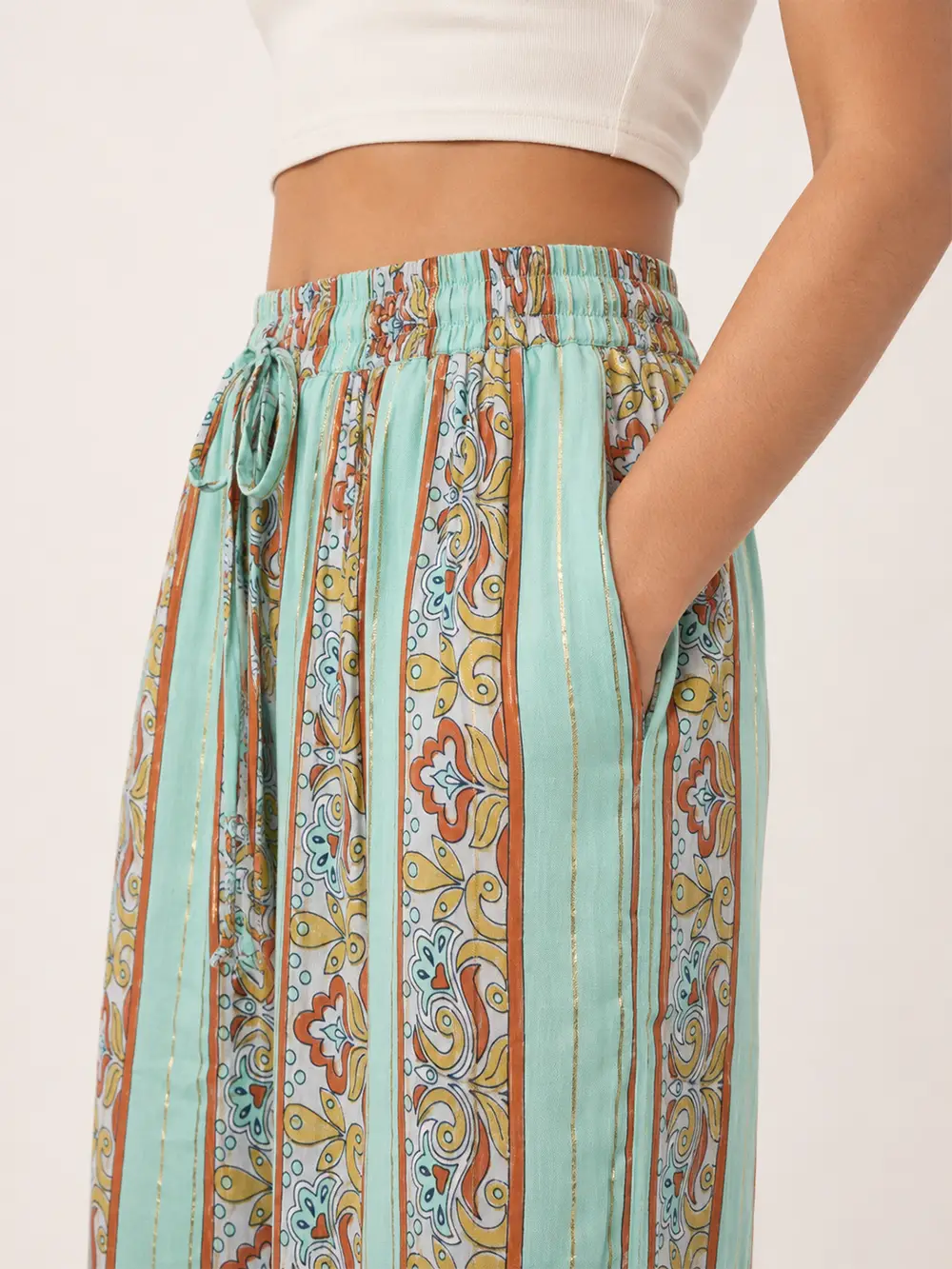 Pantalón Palazzo Boho Estampado Verde Menta – Talla Única - Imagen 5