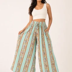 Pantalón Palazzo Boho Estampado Verde Menta – Talla Única