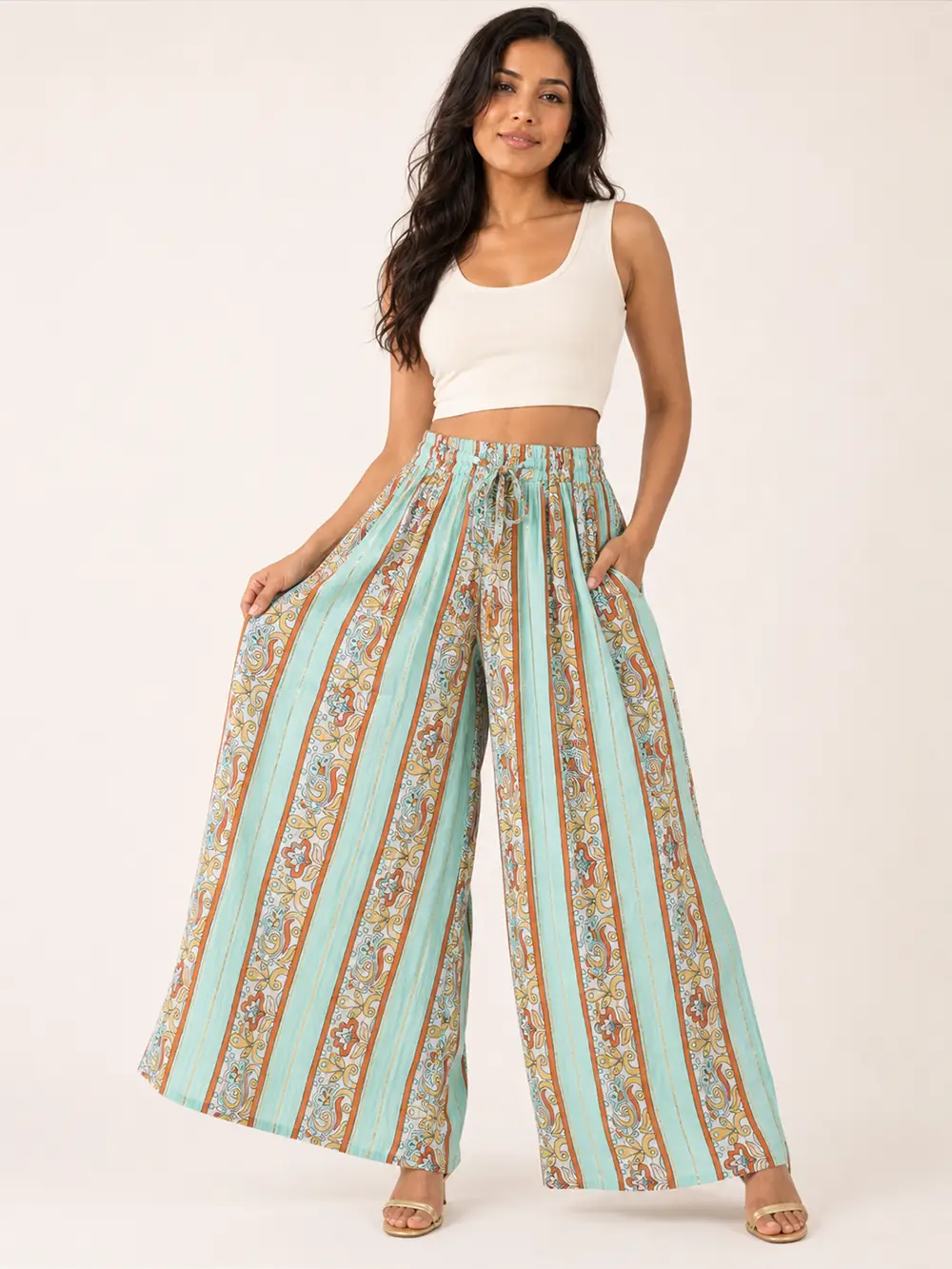 Pantalón Palazzo Boho Estampado Verde Menta – Talla Única