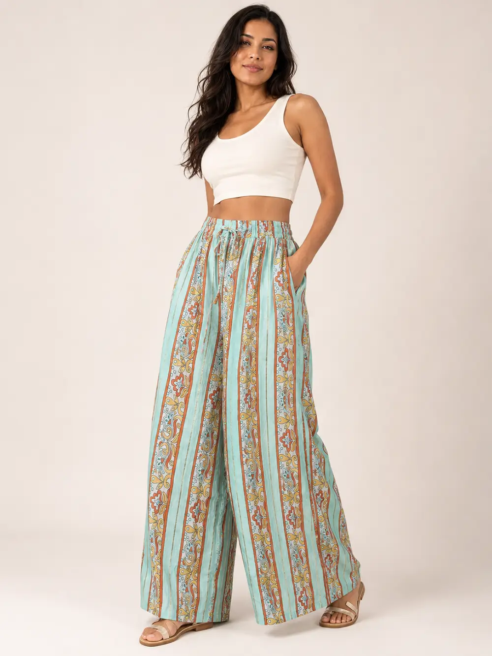 Pantalón Palazzo Boho Estampado Verde Menta – Talla Única - Imagen 3