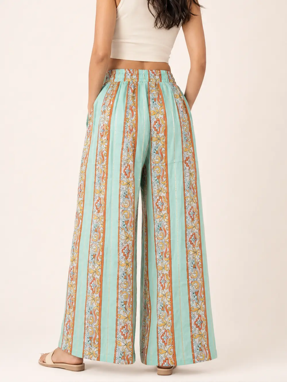 Pantalón Palazzo Boho Estampado Verde Menta – Talla Única - Imagen 2