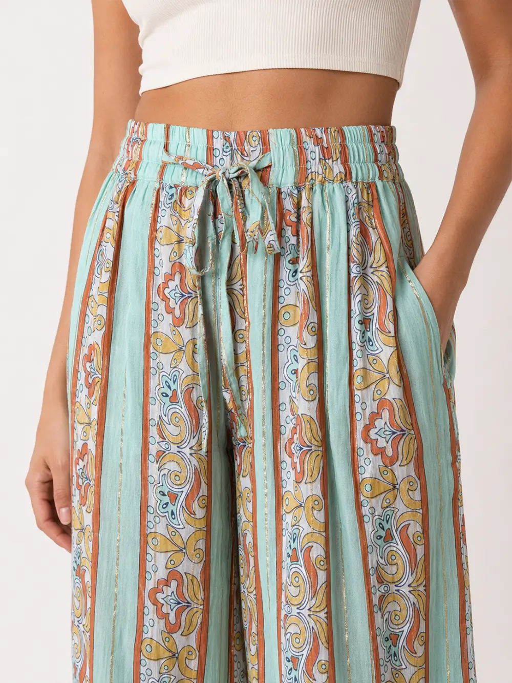 Pantalón Palazzo Boho Estampado Verde Menta – Talla Única - Imagen 4