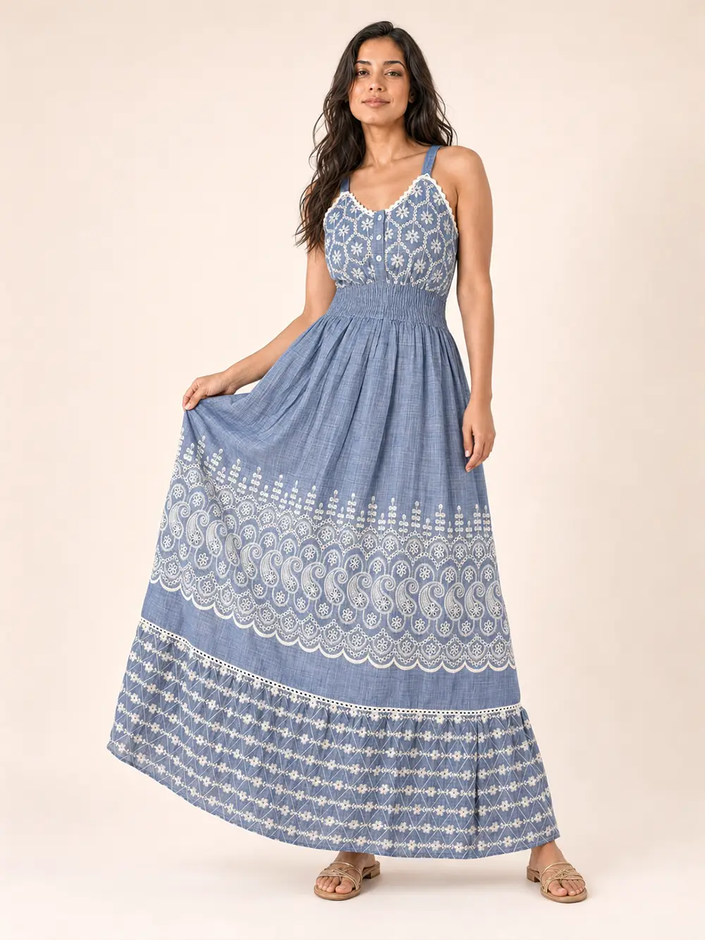 Vestido Largo Azul de Algodón con Bordado Blanco - Imagen 3