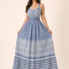 Vestido Largo Azul de Algodón con Bordado Blanco - Imagen 2