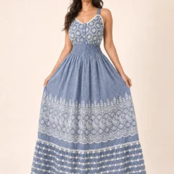 Alternative view of Vestido Largo Azul de Algodón con Bordado Blanco