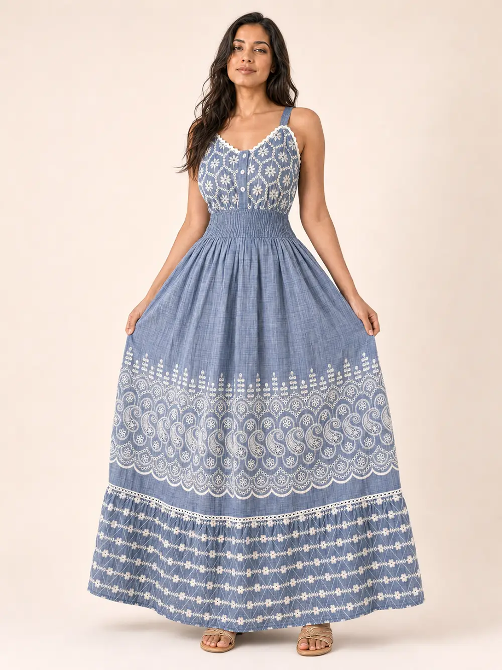 Vestido Largo Azul de Algodón con Bordado Blanco - Imagen 2