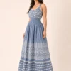 Vestido Largo Azul de Algodón con Bordado Blanco - Imagen 4