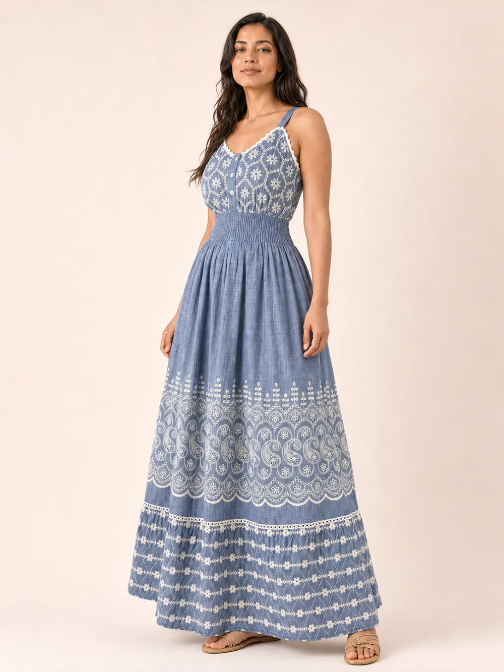 Vestido Largo Azul de Algodón con Bordado Blanco - Imagen 4