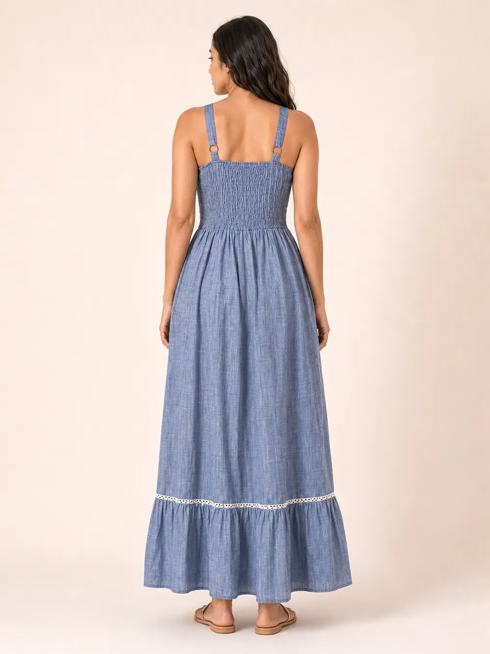 Vestido Largo Azul de Algodón con Bordado Blanco - Imagen 7