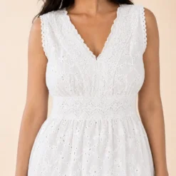Vestido Blanco Largo Broderie con Escote V