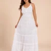Vestido Blanco Largo Bordado con Cintura Elasticada - Imagen 3