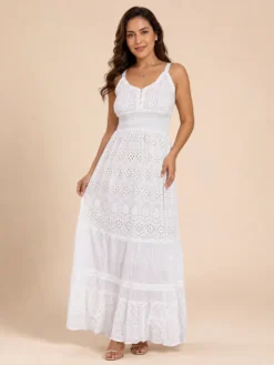 Alternative view of Vestido Blanco Largo Bordado con Cintura Elasticada