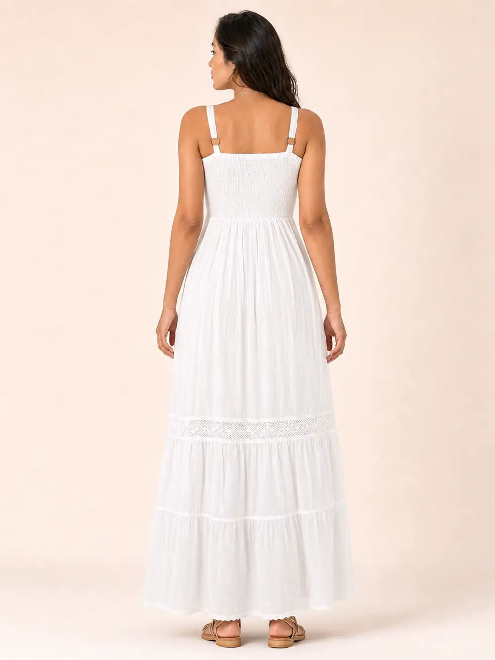 Vestido Blanco Largo con Pecho Elasticado y Broderie - Imagen 6