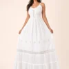 Vestido Blanco Largo con Pecho Elasticado y Broderie - Imagen 2